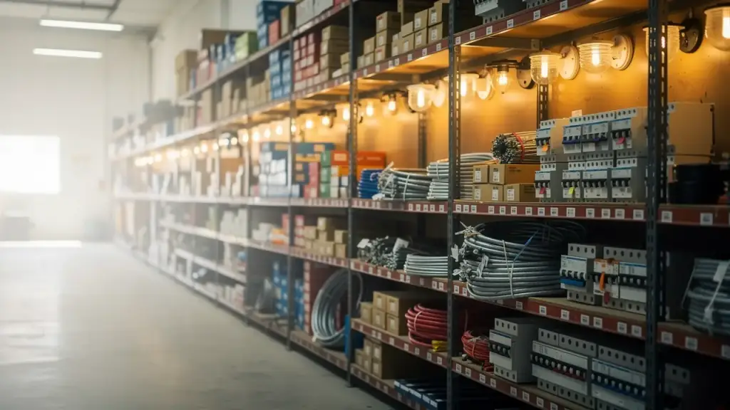 An aisle in an electrical supply house, steel shelving racked with breaker panels, boxed fittings, coils of wire and lengths of conduit.