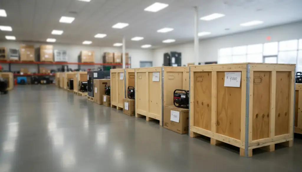 New standby and portable generators still crated and boxed, lined up for sale on the shop floor of an electrical supply showroom.