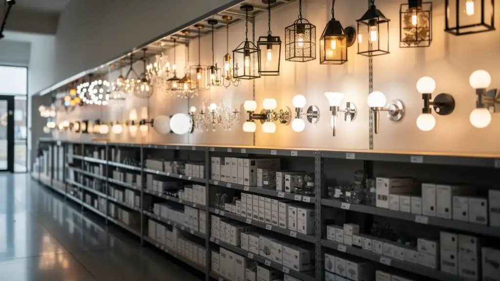 A lit fixture wall in an electrical supply showroom, pendants and lanterns burning in rows above racked boxed stock.
